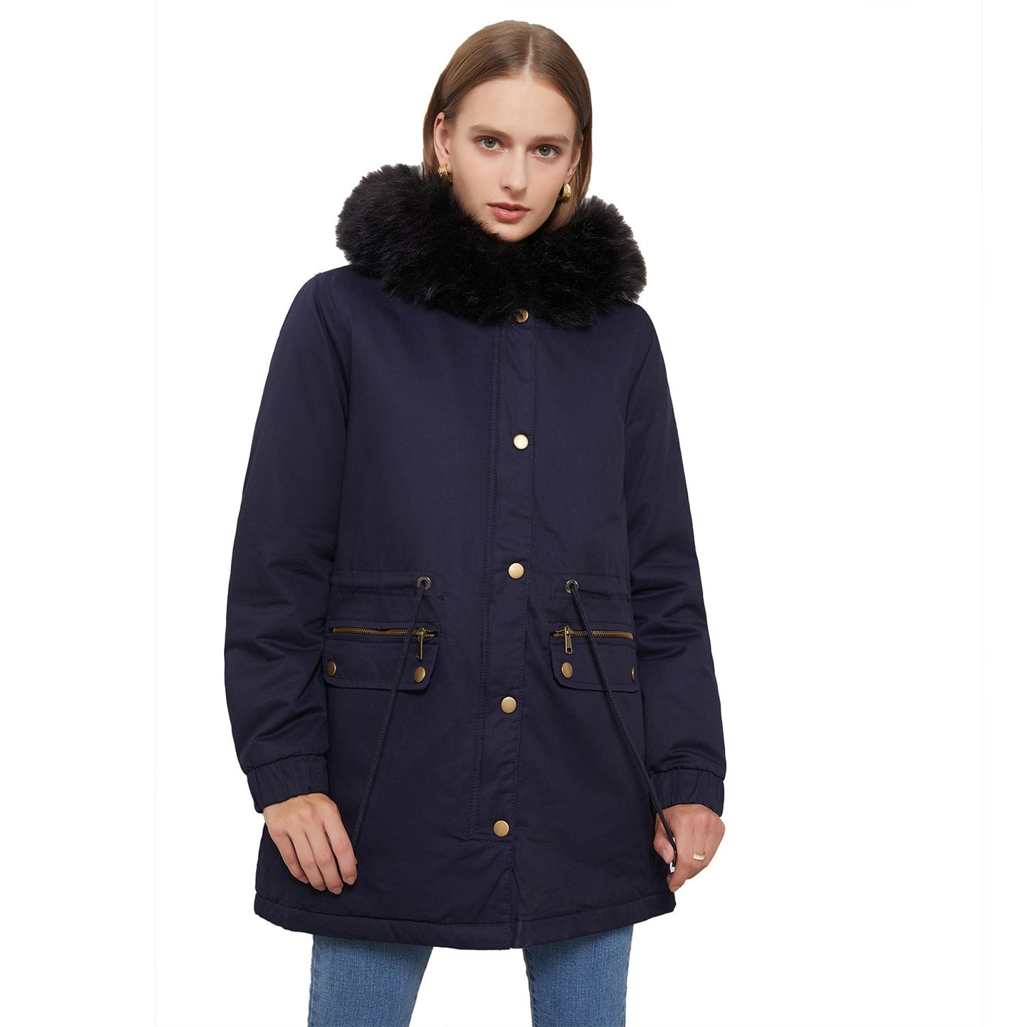 Kvinnors Parka Kappa med Fleecefoder och Huva Bomull Polyester-5