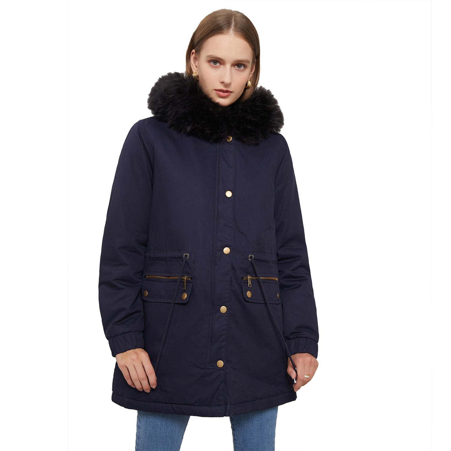 Kvinnors Parka Kappa med Fleecefoder och Huva Bomull Polyester-5