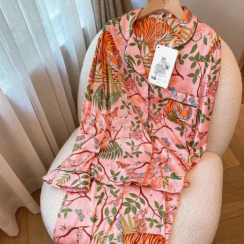 Dam Pyjamas Set med Tryckdesign i Polyester och Elegant Krage-5