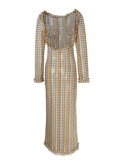 Maxiklänning Dam Randig Långsluten 100% Polyester Flödande Design-5