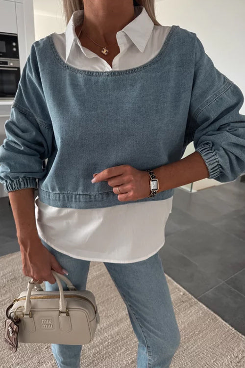 Dam Denim Top Splice-design Lång Ärmar Bomull Polyester-5