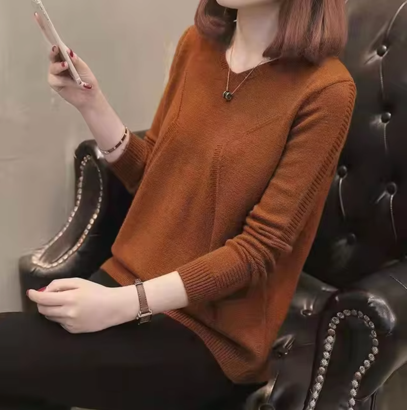 Variant image for Dam Stickad Tröja Långärmad V-ringning Mjuk Kvalitet-13