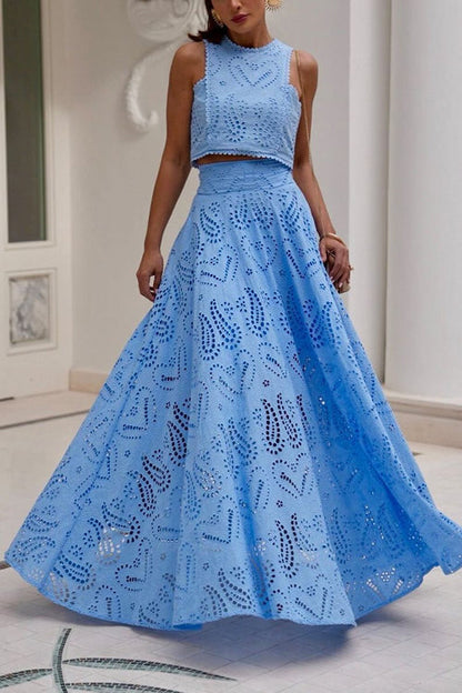 Maxi Klänning Dam Hög Midja med Svängkjol och Spetsdetaljer i Bomull och Polyester-5