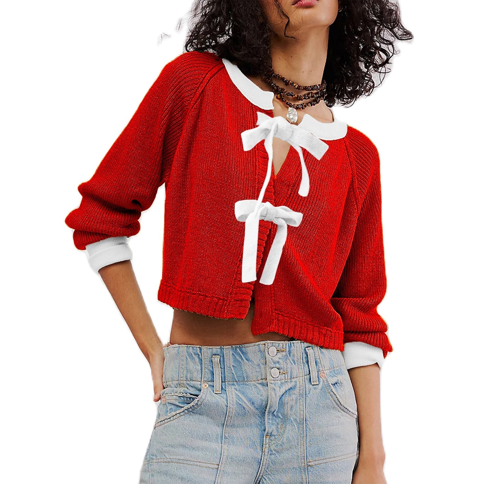 Dam Kort Cardigan Tvåfärgad Akryl med Noddetalj-4