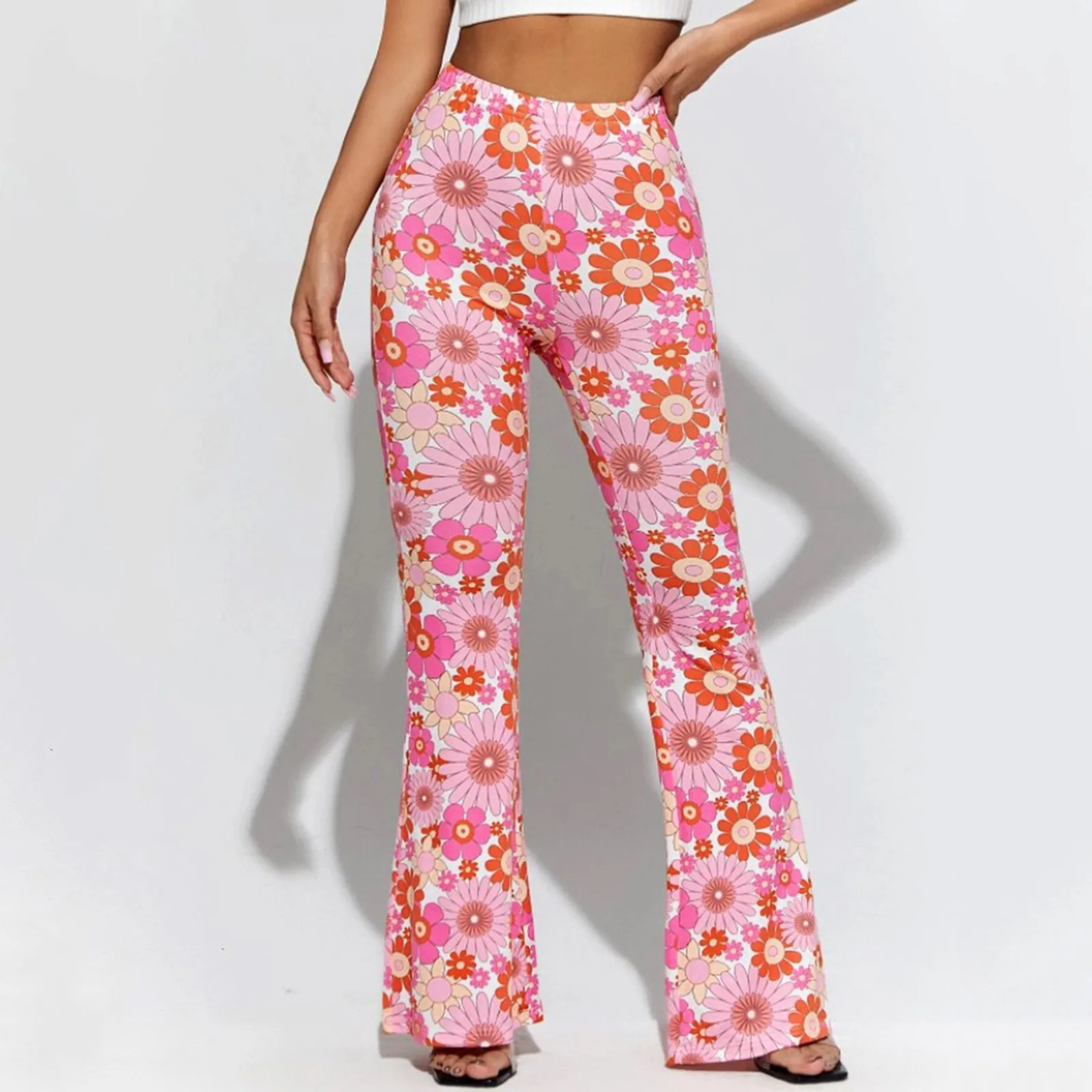 Byxor Dam Blommönster Trendig Design Polyester High Waist-4