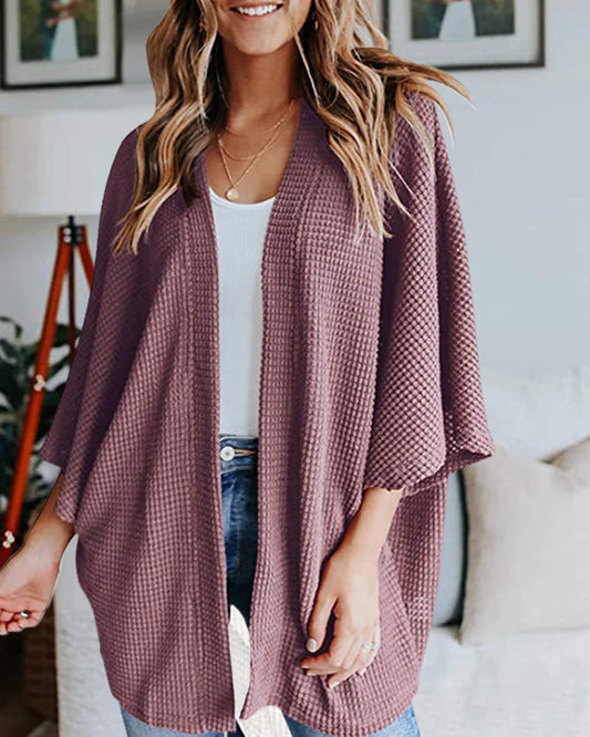 Ribbad Cardigan Dam med 3/4 Ärmar i Polyester – Elegant och Bekväm för Vardagsbruk 1