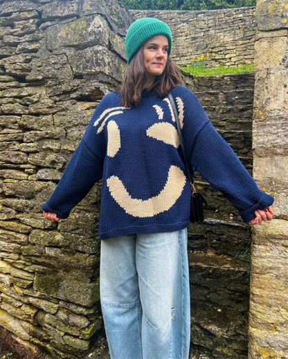 Variant image for Dam Stickad Överdimensionerad Boho Tröja i Mjuk Material med Smiley-design-11