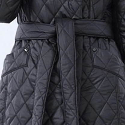 Dam Lång Bomullsjacka Vadderad Med Dragsko Diamantmönster-5