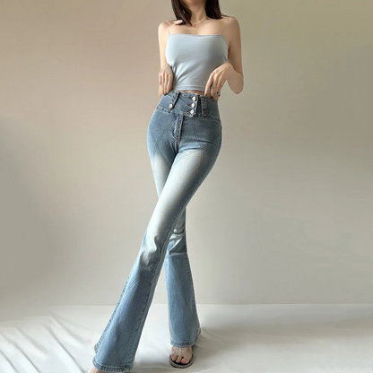 Dam Jeans Hög Midja Casual Schlagjeans i Mjuk Bomull-5