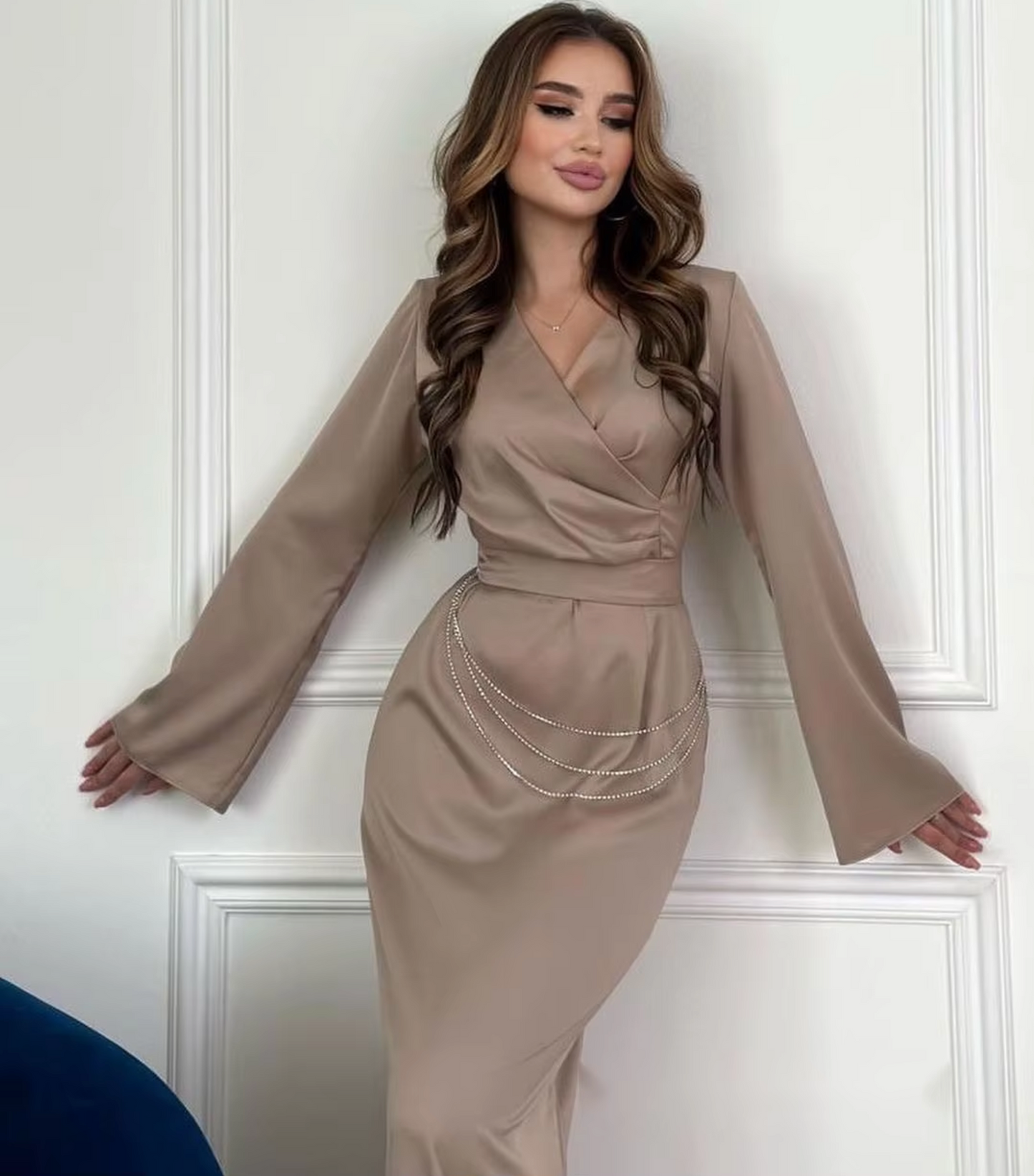 Kvinnors Klänning Vida Ärmar Satin Elegant-4