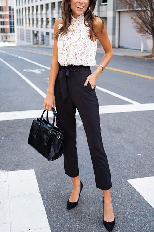 Dam Blommig Top Ärmlös Spets Bomull Polyester-3