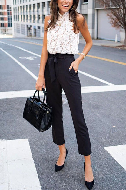 Dam Blommig Top Ärmlös Spets Bomull Polyester-3