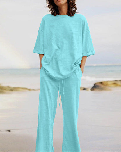 Kvinnors Tvådelad Uppsättning Trendig Urban Look Bomull Linne-2