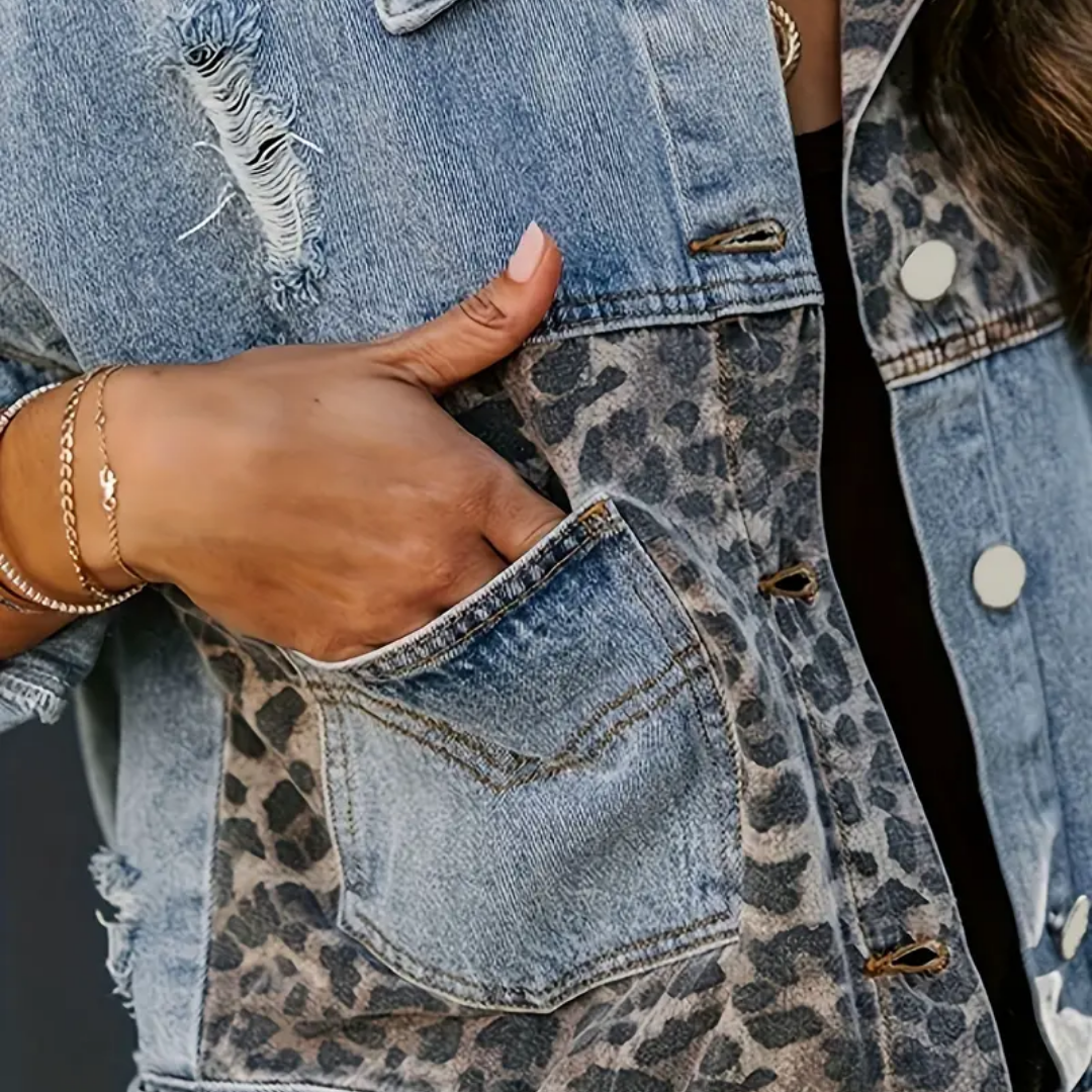 Damjacka Leopardmönster Denim Trendig för Damer 4