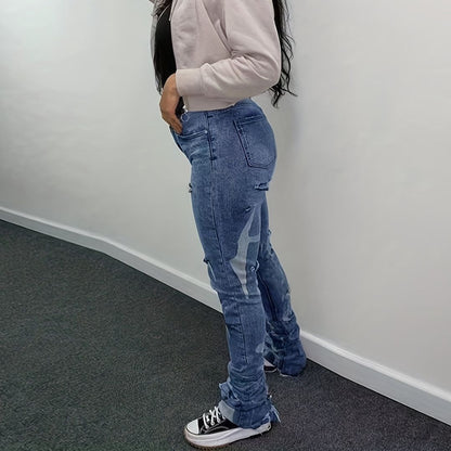 Dam Jeans Hög Midja Sliten Denim Snäv Passform-5