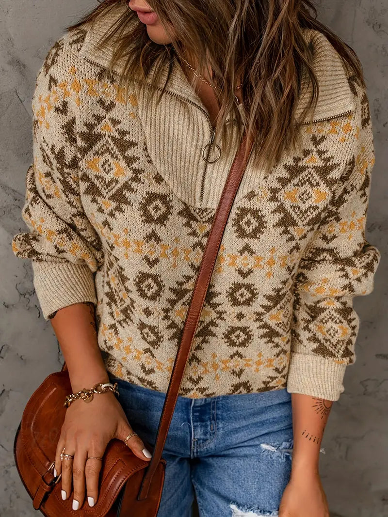 Dam Tröja med Blixtlåsskrage och Blommönster Mjuk Tygblandning-1