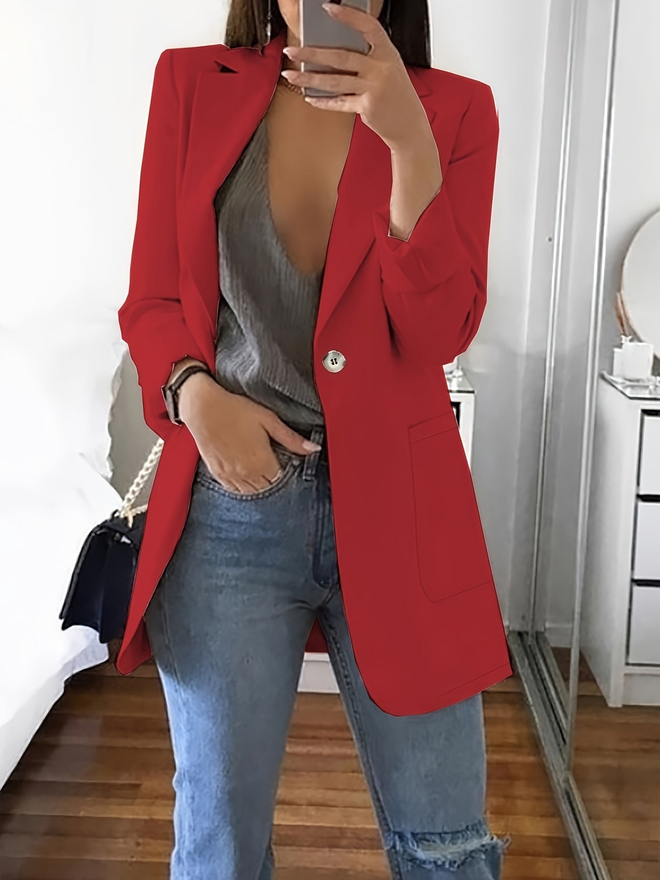Dam Blazer Lång Stilren Design Högkvalitativt Tyg-6