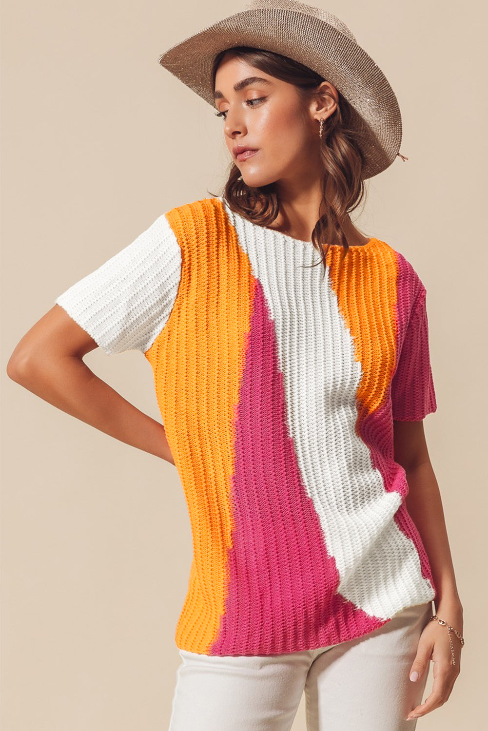 Damen-Strickpullover, Colorblock, kurze Ärmel, 100 % Acryl-5
