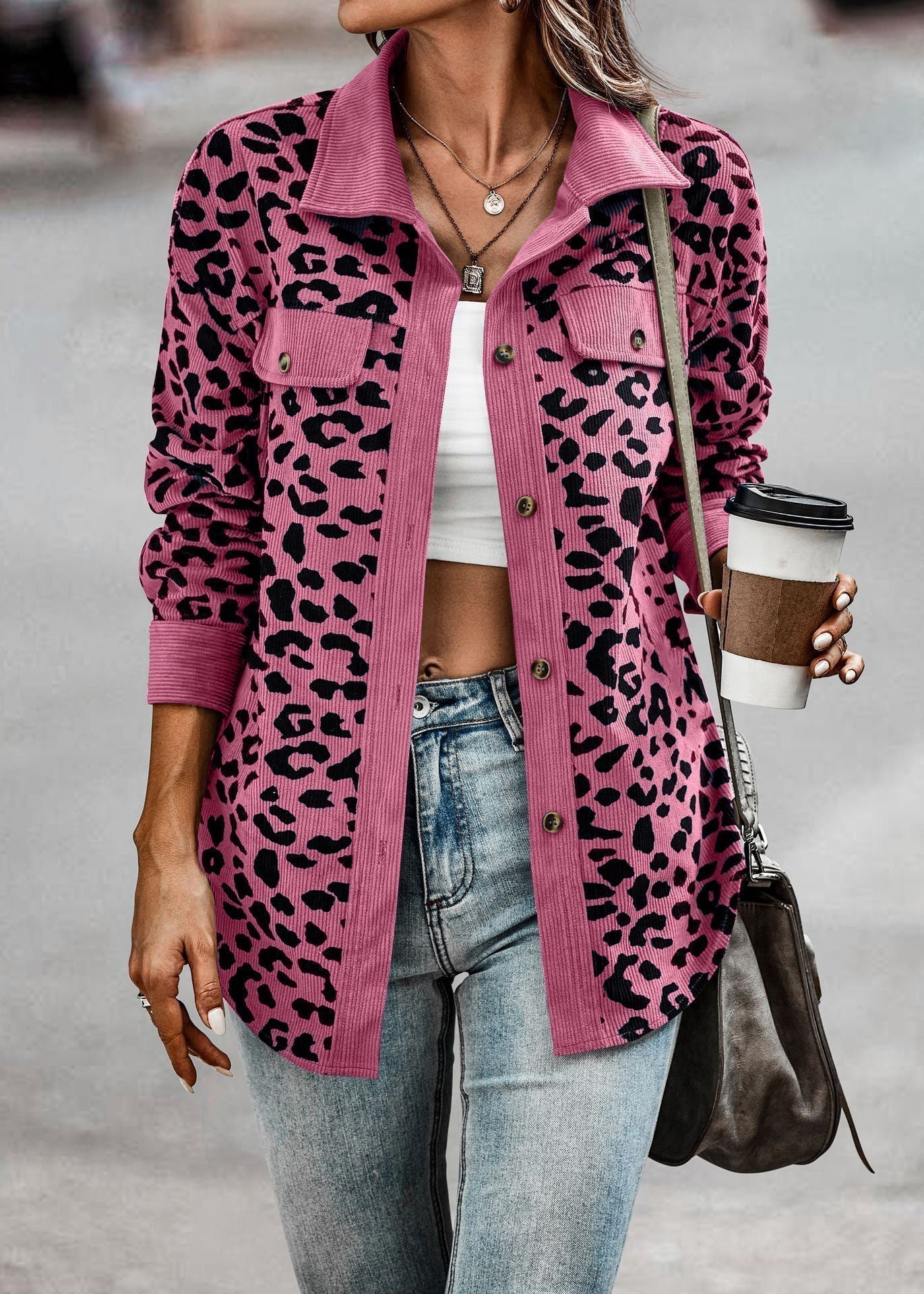 Damjacka Leopardmönster Oliv Polyester Chic Jacka för Dam 15