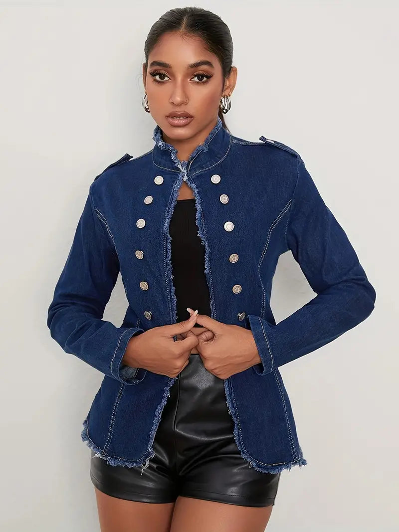 Dam Långärmad Denimjacka Klassisk Design Högkvalitativ Denim-2