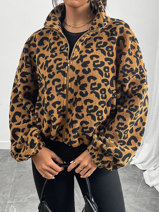 Damjacka Leopardtryck Zip-Up Lätt Tygblandning-1