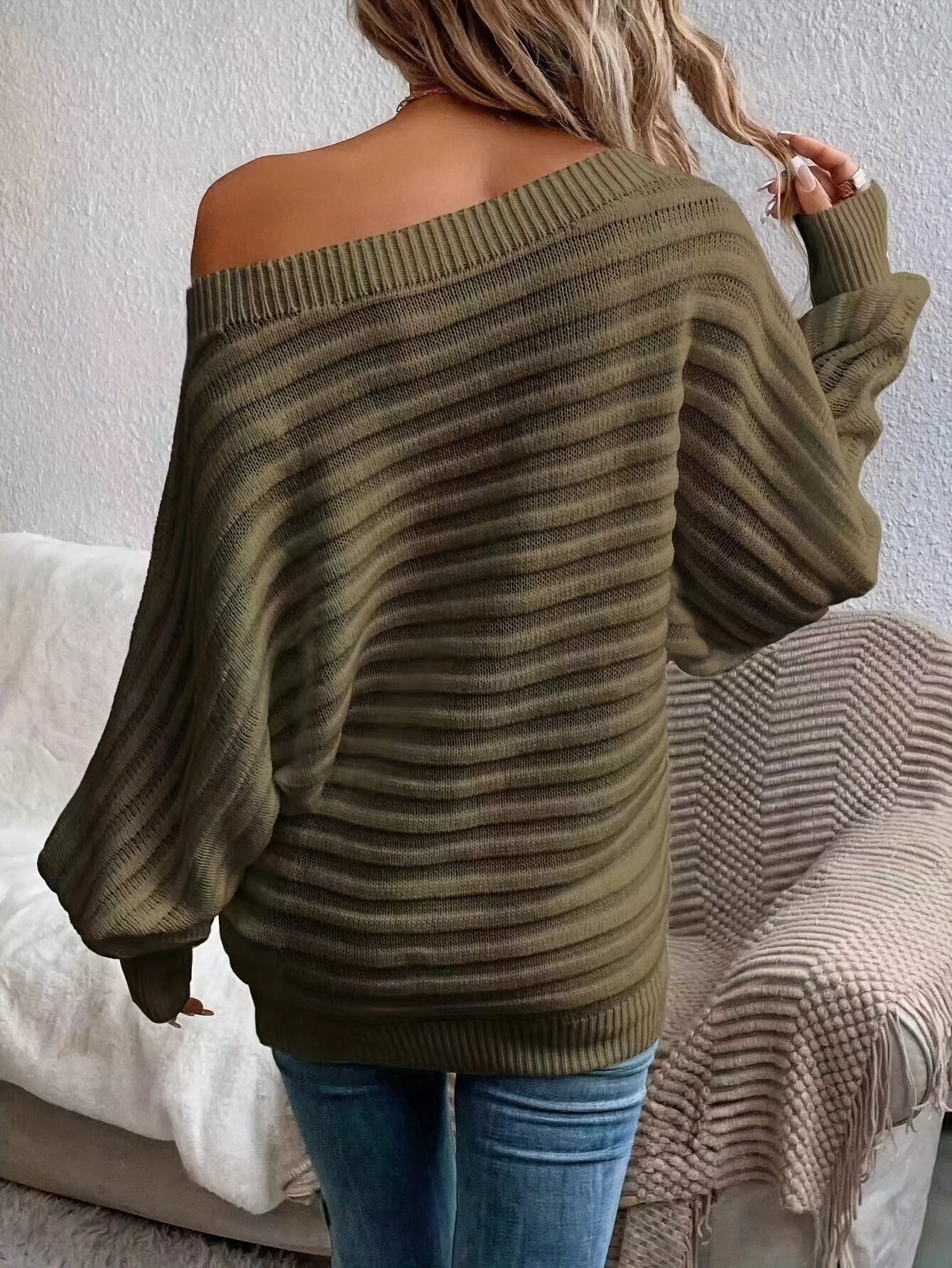 Kvinnors Off-Shoulder Tröja Mjuk Stickad Avslappnad-2