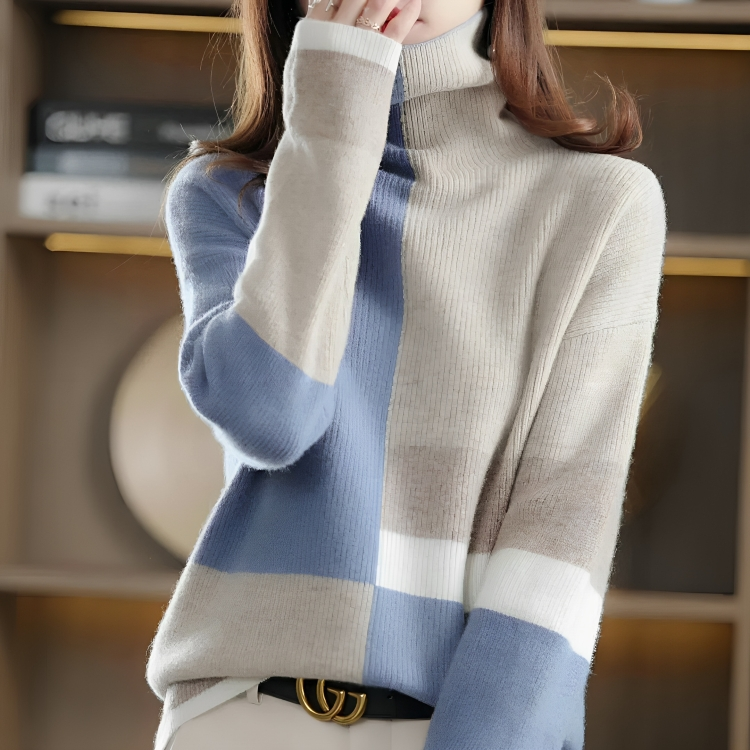 Kvinnors Tröja Casual Stående Krage Mjuk Fiber Kontrastdesign-2