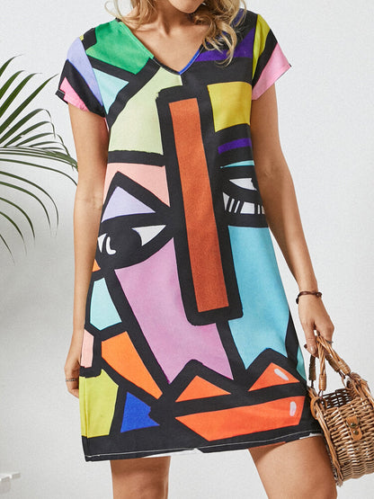 Kvinnors Midi Klänning V-ringning Abstrakt Mönster Polyester 4