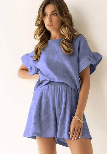 Dam Tvådelad Fritidsuppsättning Enfärgad Polyester Cirkulär Halsringning-1