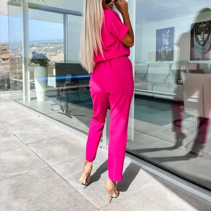 Dam Jumpsuit Kortärmad V-ringning med Fickor Lätt Tyg-5