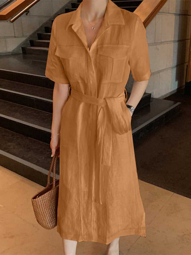 Fina Dam Klänningar Midi med Fickor och 3/4 Ärmar i Bomull-3