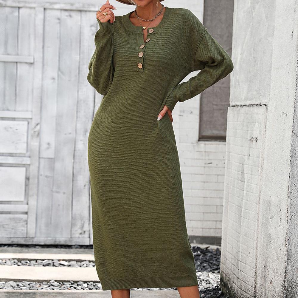 Kvinnors Vinterklänning Långärmad Stickad med Knappdetaljer-4