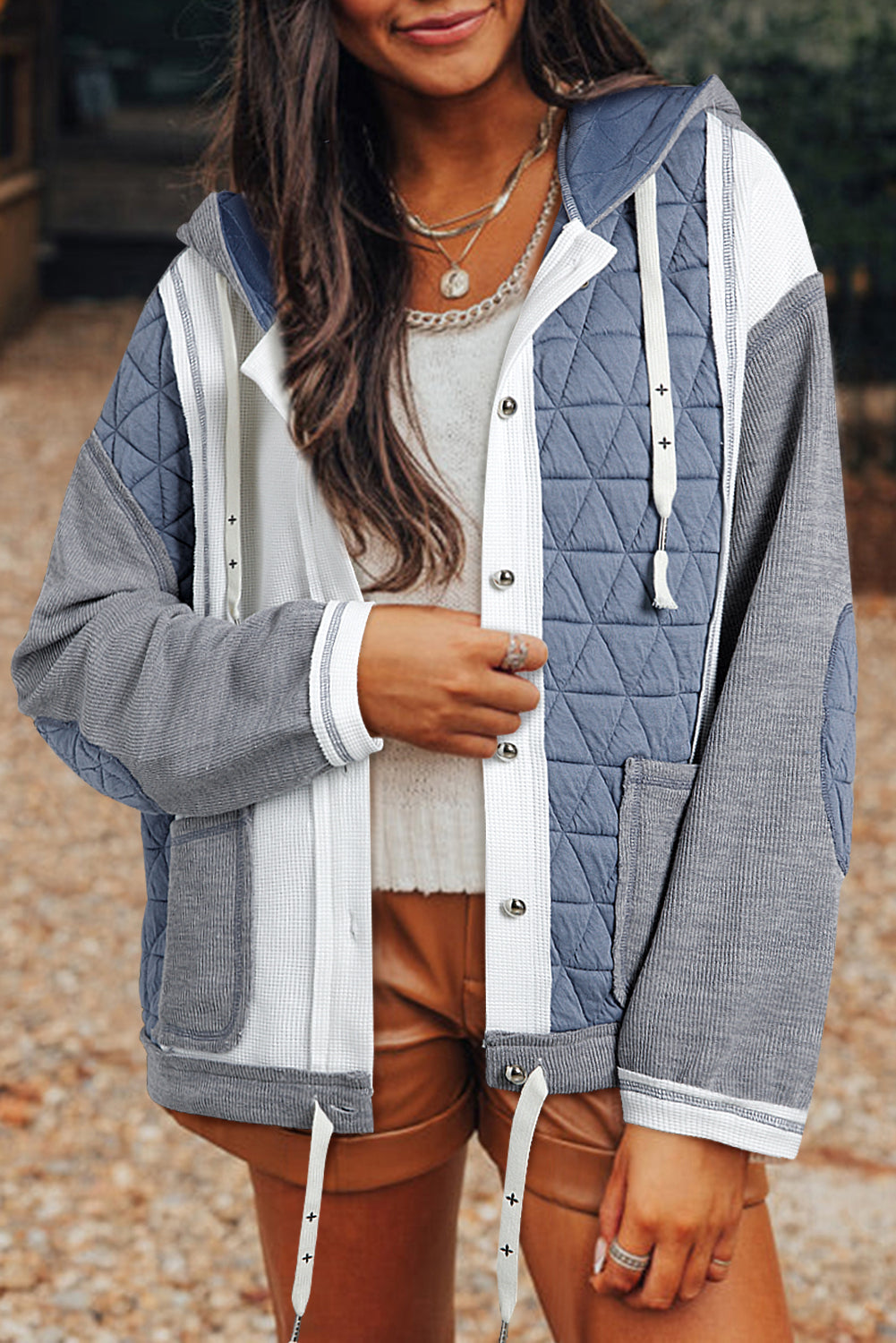 Vinterjacka Dam Med Huva Vadderad Polyester Lapptäckdesign-3