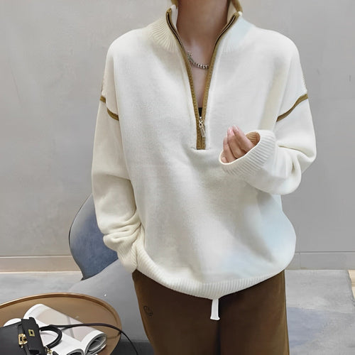 Dam Cardigan Tjock Halv Dragkedja Polyester Avslappnad-1