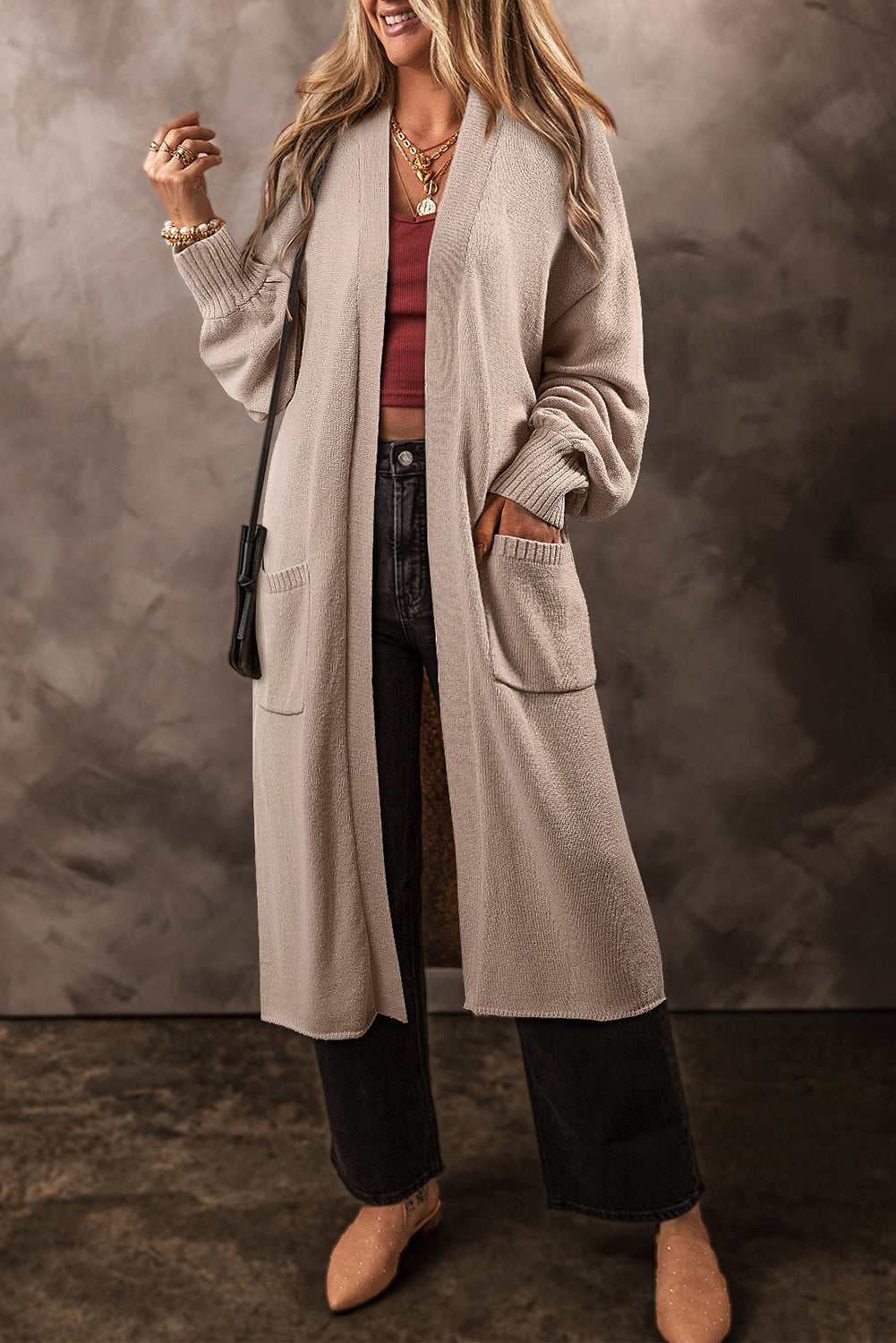 Variant image for Dam Lång Kardigan Öppen Design Högkvalitativt Stickat Tyg-1