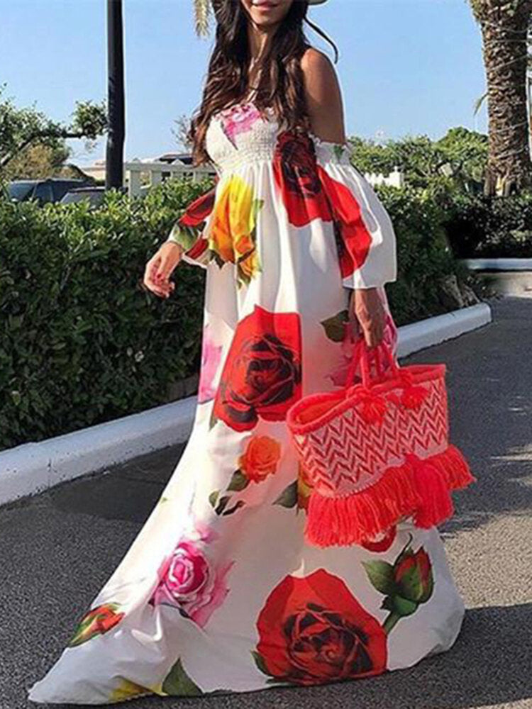 Lång Klänning Dam Maxi Klänning Blommönster Polyester med Långa Ärmar-3
