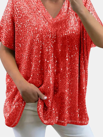 Kortärmad Blus Dam V-ringning med Paljetter i Polyester-5