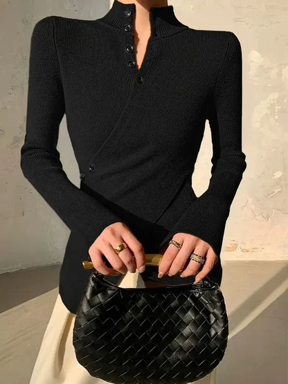 Stickad Dam Tröja Asymmetrisk med Knappdetaljer-3