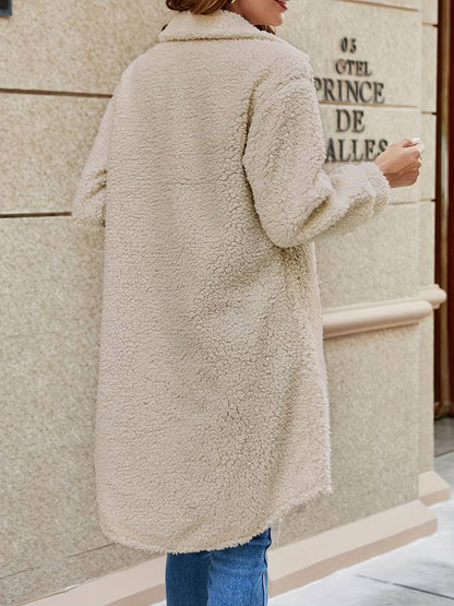 Dam Teddyjacka Knappstängning Mjuk Polyester Lång Teddyjacka-3