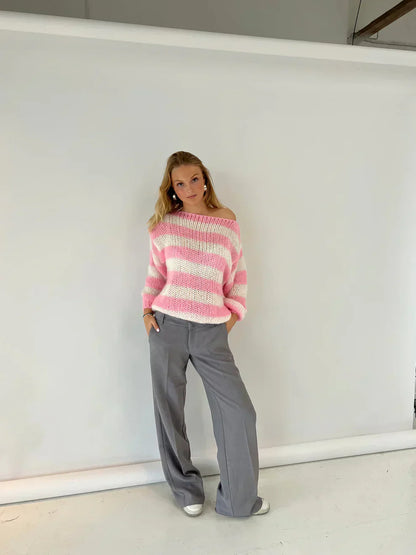 Variant image for Dam Stickad Tröja Med Horisontella Ränder Polyester Lång Ärmar-7