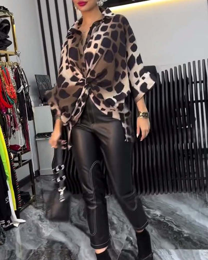 Dam Knytblus Leopardmönster Lätt Bomull 3/4 Ärmar-4