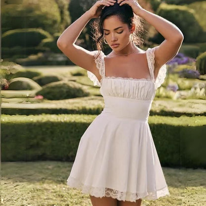 Fina Dam Klänningar Fyrkantig Halsringning med Spetsdetaljer Knälång-1