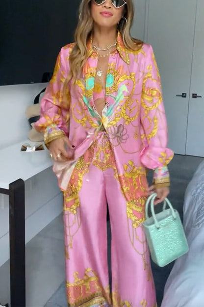 Dam Blus och Vida Byxor Unik Tryckdesign Bomull Polyester-1