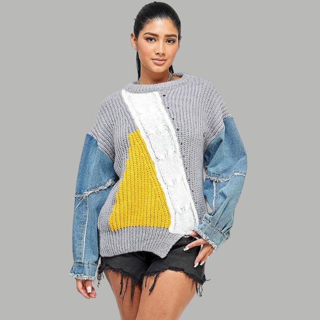 Variant image for Dam Tröja Lapptäckdesign i 100% Bomull med Flätmönster-1