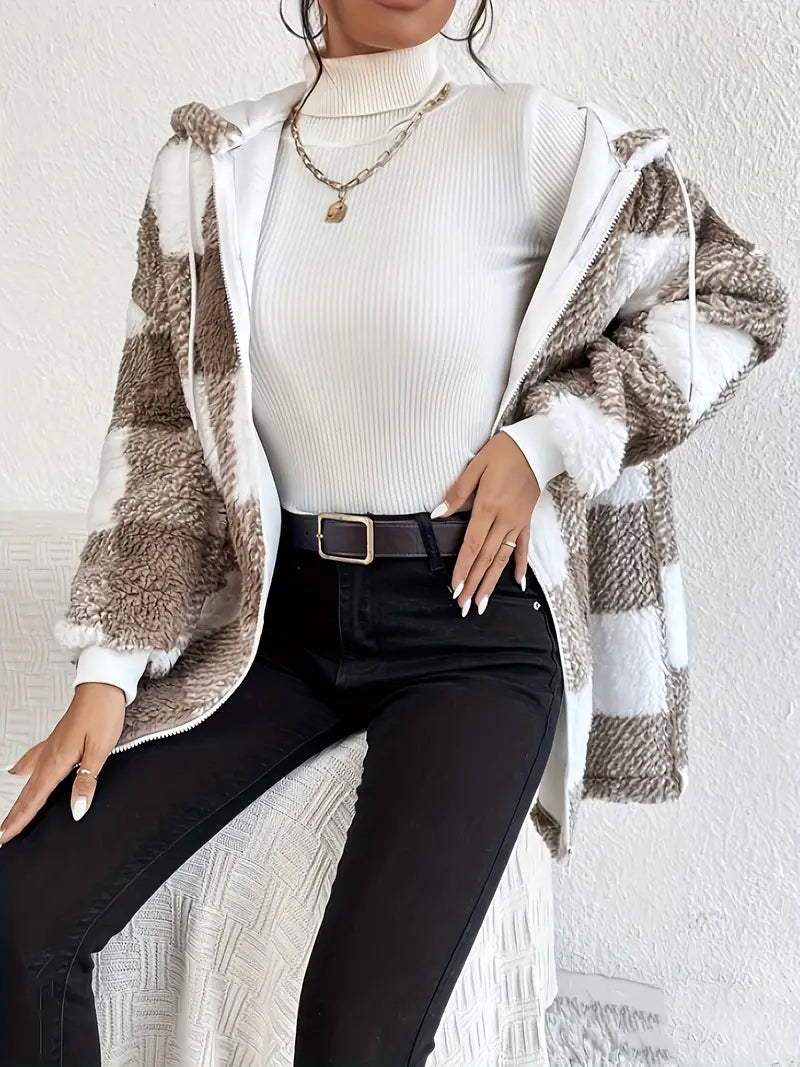 Damjacka Hoodie i Teddy Material med Kontrollerat Mönster-4