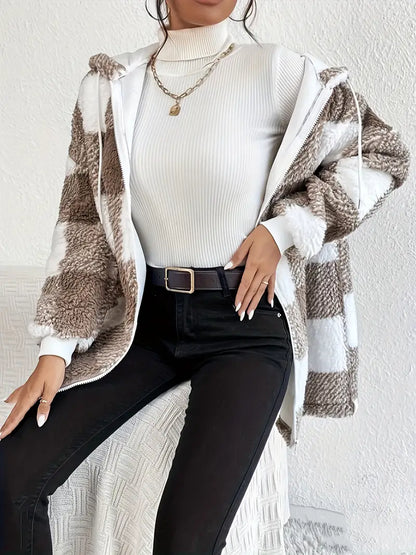 Damjacka Hoodie i Teddy Material med Kontrollerat Mönster-4