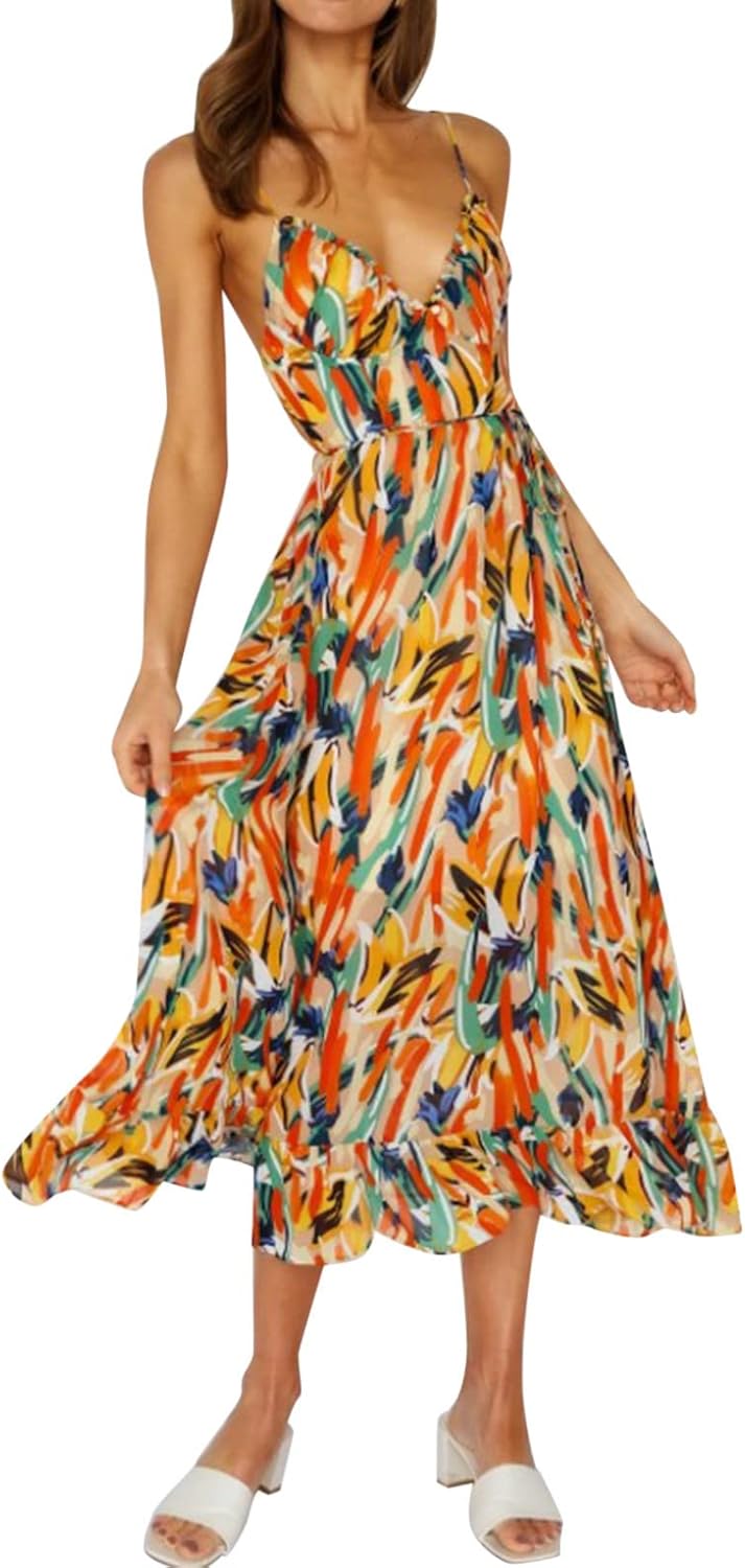 Dam Sommarklänning Boho Stil Polyester Spaghettiband V-Ringning Rygglös-1