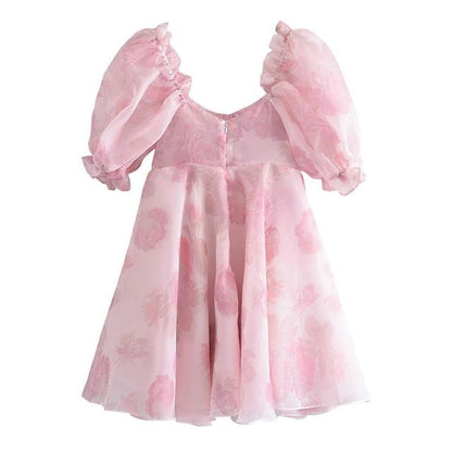 Kvinna Klänning Blommönster Puffärmar Organza-5