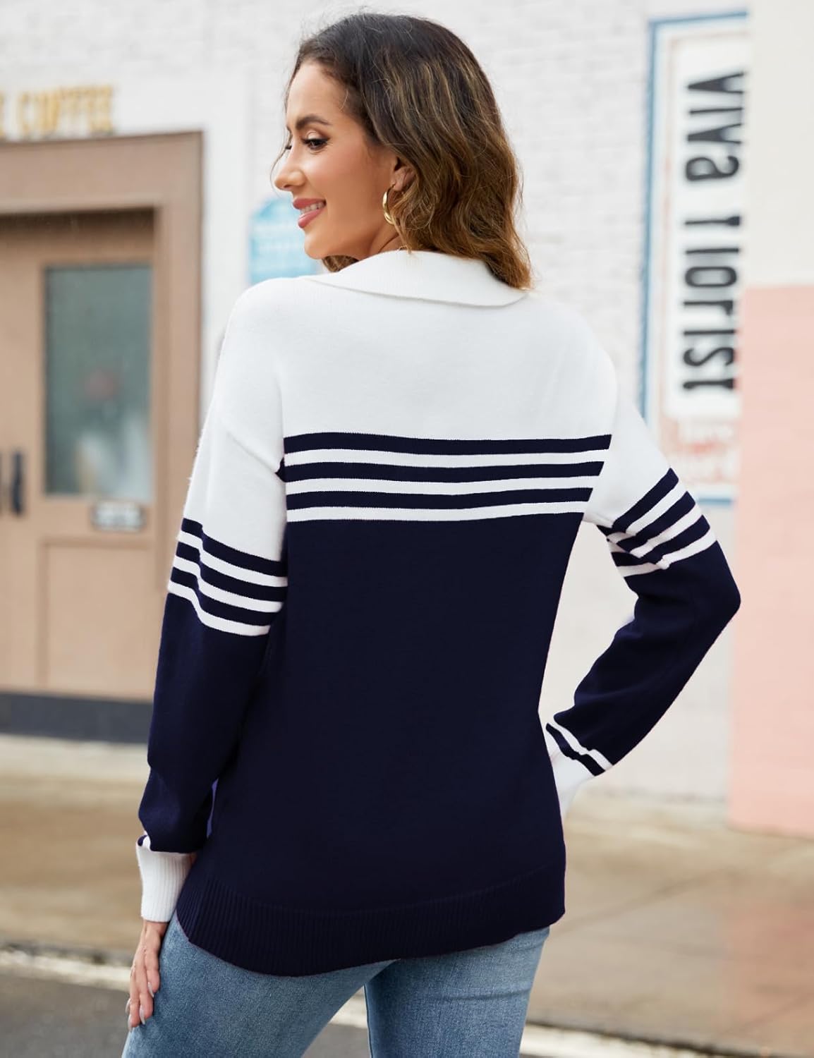 Kvinna Långärmad Tröja Randig Andningsbart Tyg med Krage-2