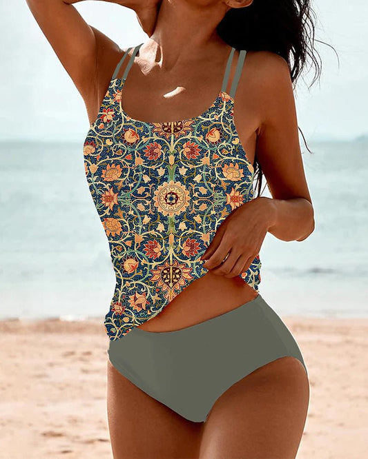 Dam Tankini Mönstrad Nylon Snabbtorkande för Vattenaktiviteter-1